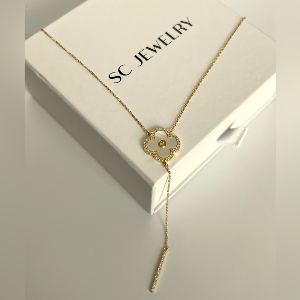 Rachel Zoe Clover Necklace Y Chain Zirconia Mother of Pearl 14k Gold Color - Picture 4 of 7
